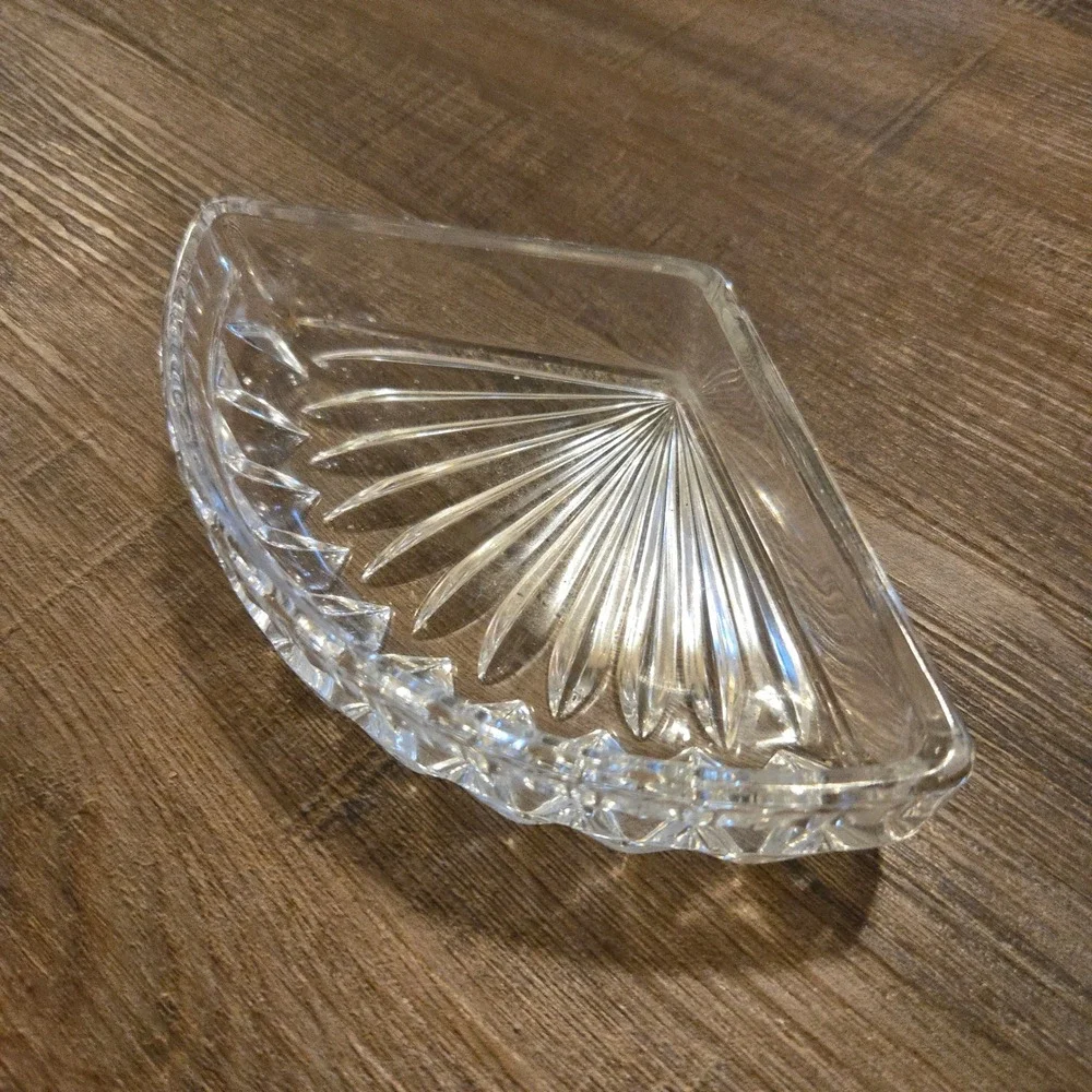 VTG Crystal Glass Dish Ashtray Fan Trinket Sunburst Diamond Cut Vanity Catchall